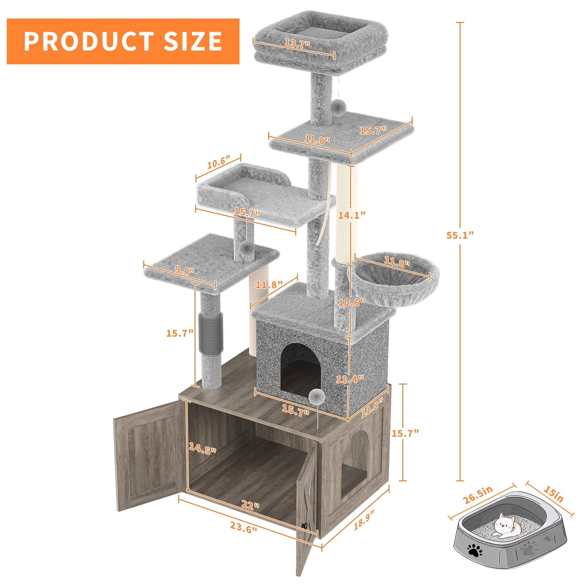 Accreate 2-in-1 Cat Tree with Hidden Litter Box Enclosure, Multi-Level Cat Tower with Scratching Post and Dangling Balls, Spacious Hammock, Indoor Cat Condo