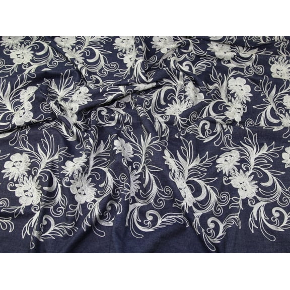 Embroidered Denim Dress Fabric White - per yard