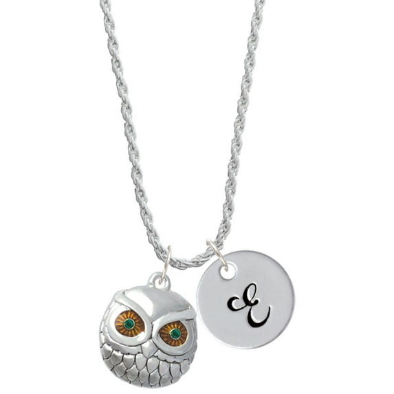 Delight Jewelry Silvertone Large Round Owl with Green Crystal Eyes Silvertone Script Initial Disc - E - Charm Necklace, 20"+3"