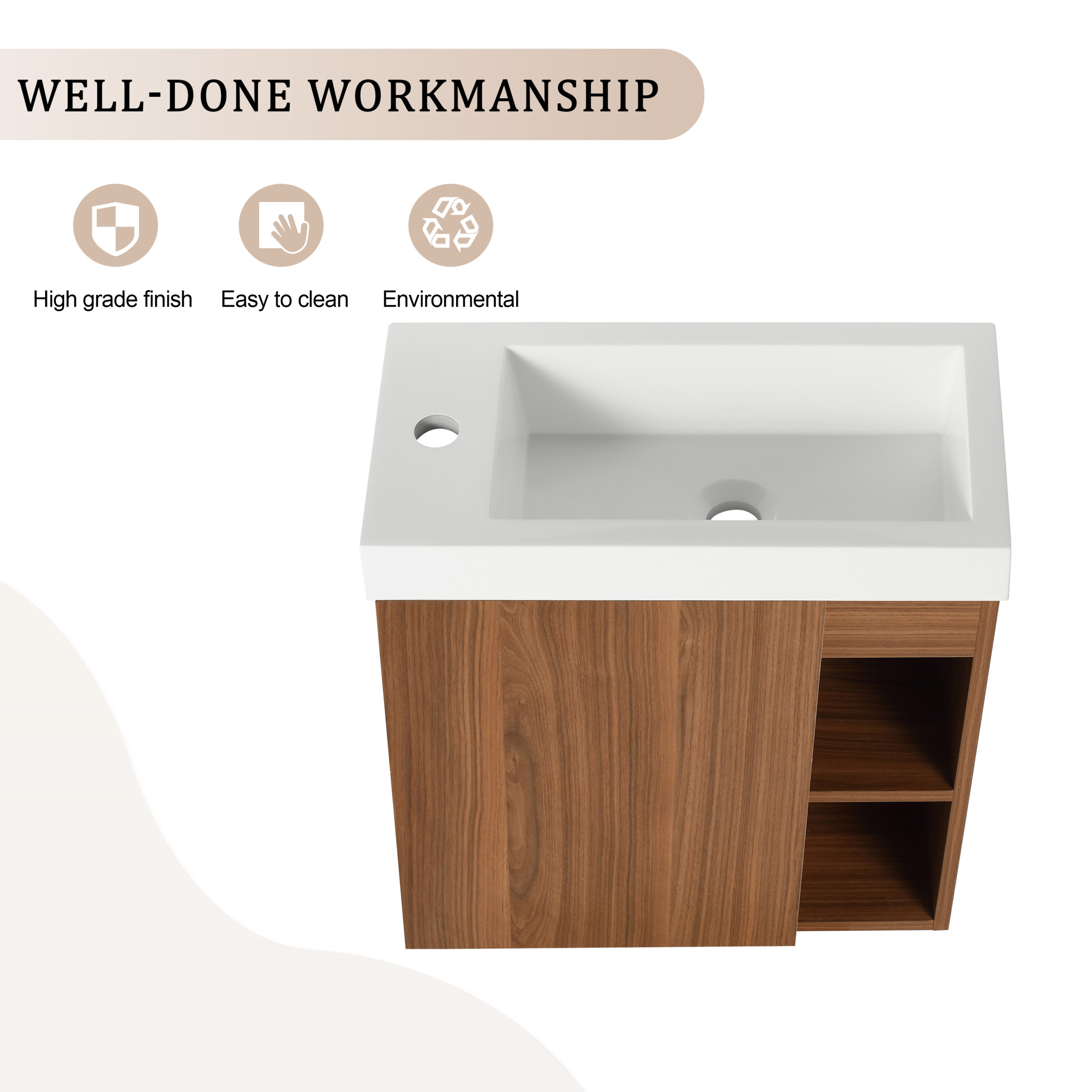 Noble House 20" Floating Bathroom Vanity, White Resin Sink, Soft-Close Door, Open Shelves, Wall-Mounted, Walnut