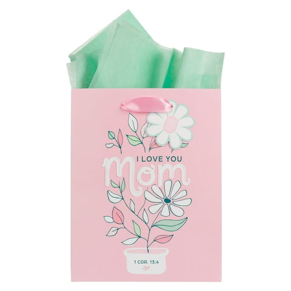Christian Art Gifts Medium Portrait Inspirational Scripture Gift Bag, Tag & Wrapping Tissue Paper Set for Mothers: I Love You, Cute Pink & White Glossy Floral Design for Women, Satin Ribbon Handles