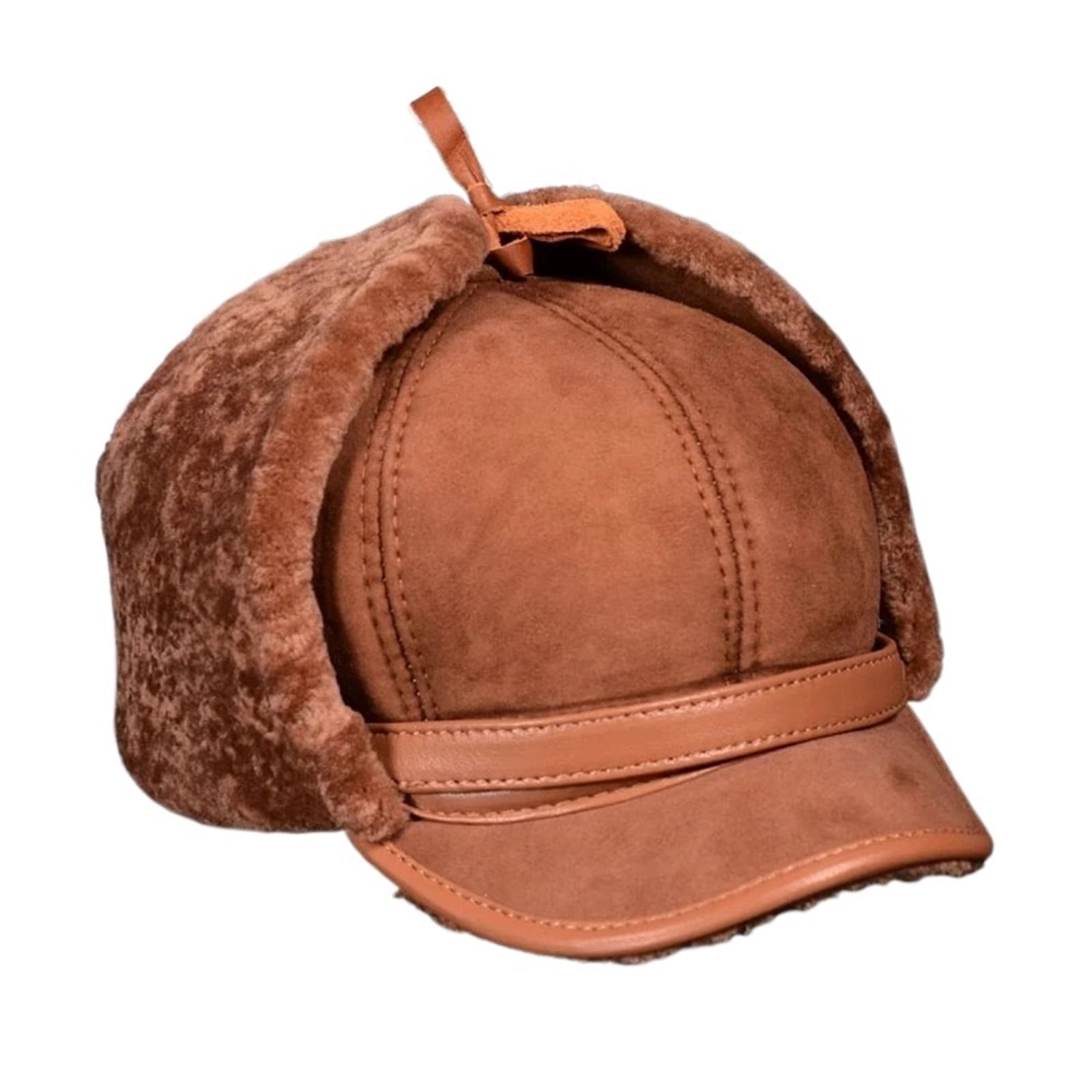 Man Real Leather Full Wool Goat Fur One Bomber Hats Male Fleece Warm Caps Brown/Dark Blue Motocycle Bonnet ,Durable Quality