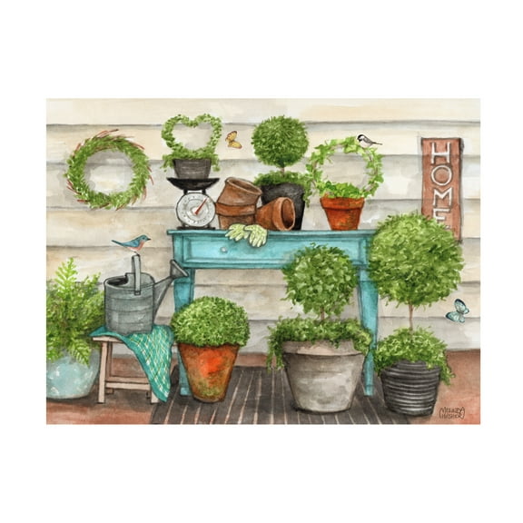 Canvas Wall Art - Melinda Hipsher 'Potted Plants With Birds and Butterflies' Wall Art for Living Room, Bedroom, or Office Décor by Trademark Fine Art - 19 x 14 Inches