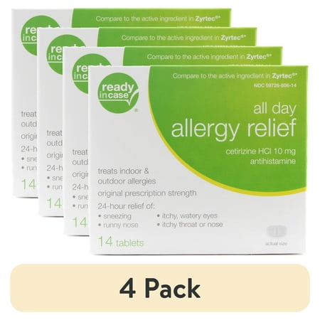 (4 pack) Ready In Case Original Prescription Strength All-Day Allergy Relief Cetirizine 10mg Tablets, 14 Ct