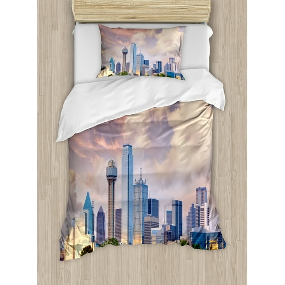 United States Duvet Cover Set Twin Size, Dallas City Skyline at Sunset Clouds Texas Highrise Skyscrapers Landmark, Decorative 2 Piece Bedding Set with 1 Pillow Sham, Multicolor, by Ambesonne