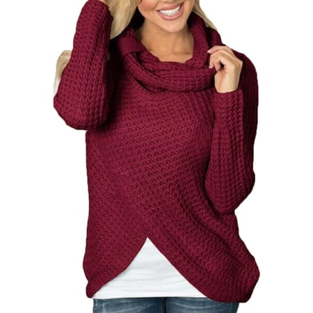 Chunky Cable Knit Women's Turtle Neck Chunky Pullover Sweaters Cable Knitted Loose Button Wrap Asymmetric Hem Coat ()