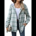 thumbnail image 3 of Chaqueta de Larga con Capucha A Cuadros para Mujer, Camisa Informal de Otoño con Botones y Cordón, y Bolsillos. Verde L, 3 of 10