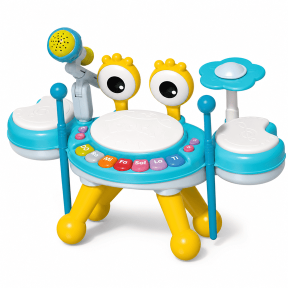 Lenbar Kids Drum Set with Light-Up Microphone, 3 Drum Pads, Cymbal, 4 Music Modes and Removable Legs, Musical Toy for Toddlers Ages 18 Months