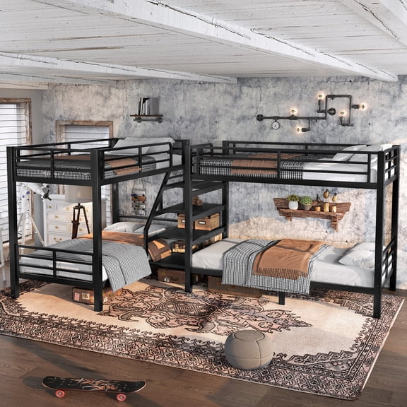 Bellemave Quad Bunk Bed with Stairs, Heavy-Duty Metal Corner Twin Over Twin Bunk Bed for 4, Space Saving L-Shaped Bunk Beds Frame, No Box Spring Needed,Black