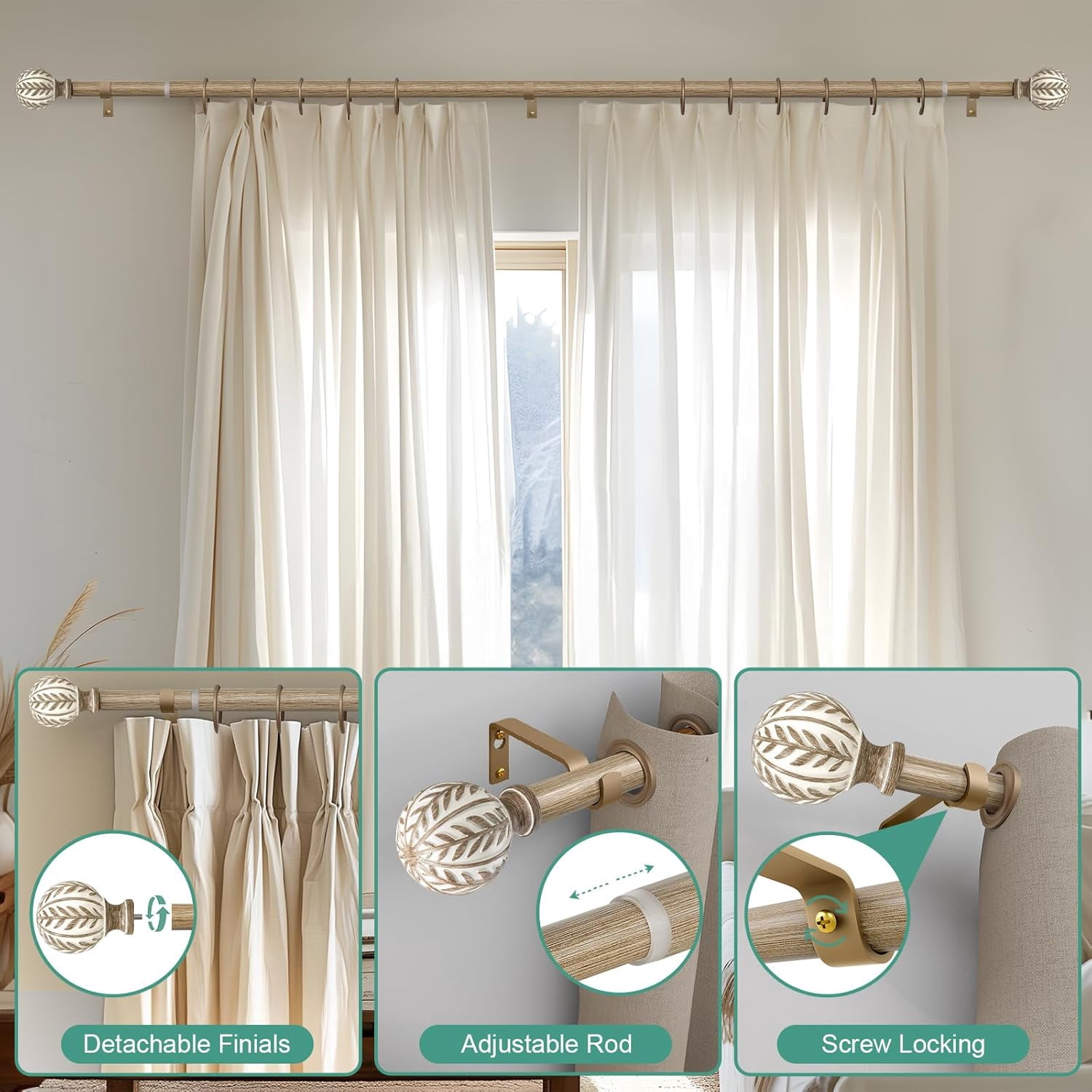 Gold Curtain Rods for Windows 66 to 120 inch,1" Adjustable Heavy Duty Window Curtain Rod Leaf Finials,Rustic Decorative Drapery Rods Set,Size:36-120''