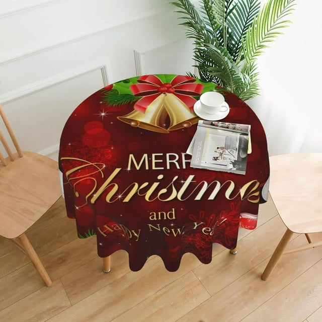 Tablecloth Christmas Bell Red Ball Snowflake Round 60 x 60 Inch Table Cover Polyester Stain and Wrinkle Resistant Table Cloth for Kitchen Dining Coffee Party
