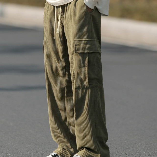 Pantalones largos para hombre, informales, con cordón, rectos, con bolsillos, de algodón y lana, cargo