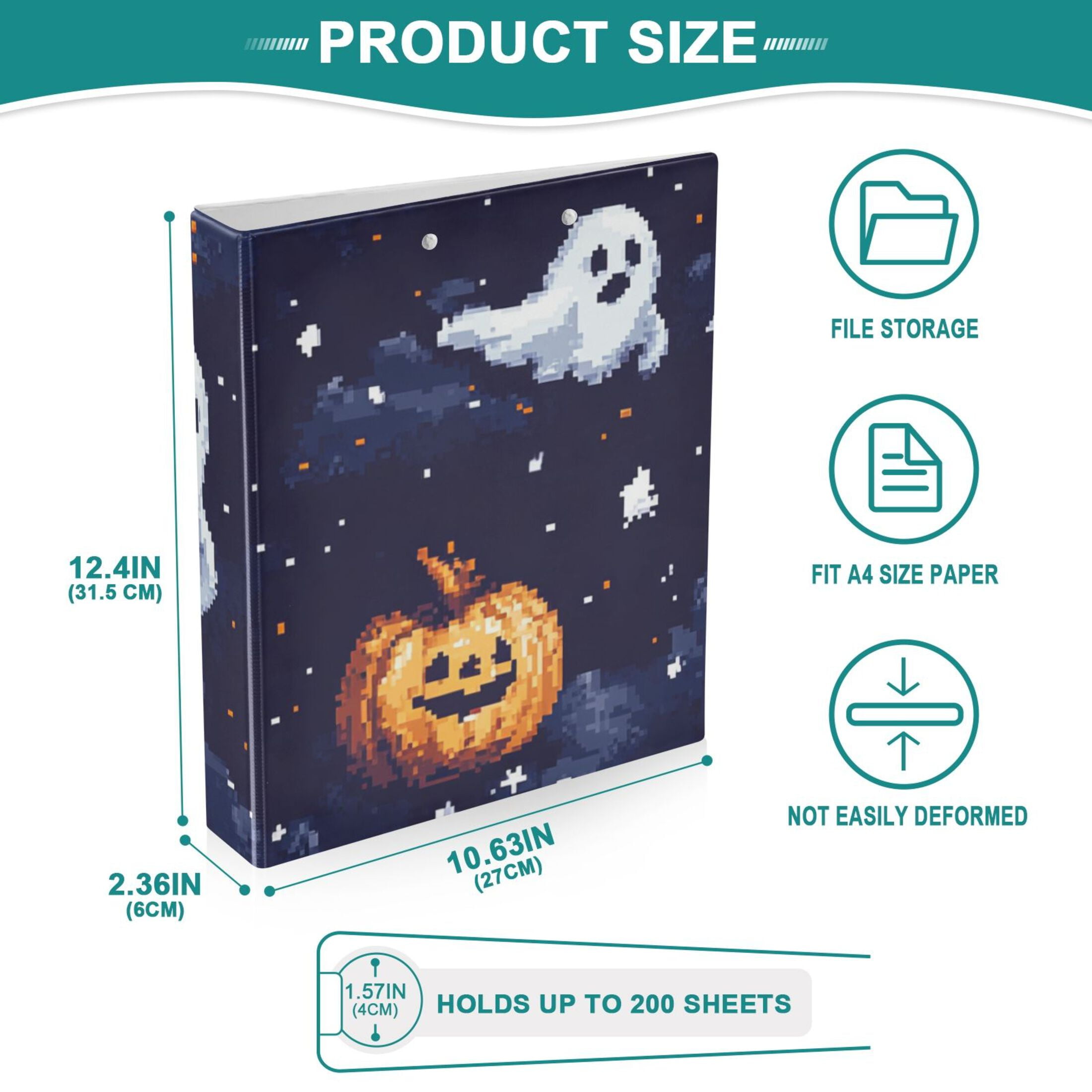 Pixel Ghosts Pumpkins 3 Ring Binders 1.5 inch Hardcover File Folders with Interior Pockets A4 Size Organizer for School Office Hospital