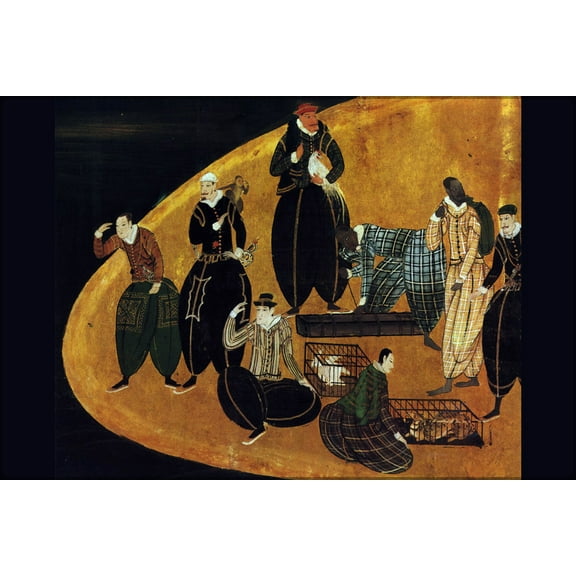 24"x36" Gallery Poster, Portuguese trading animals in Japan; detail of Nanban panel (1570-1616) columbian exchange post marco polo