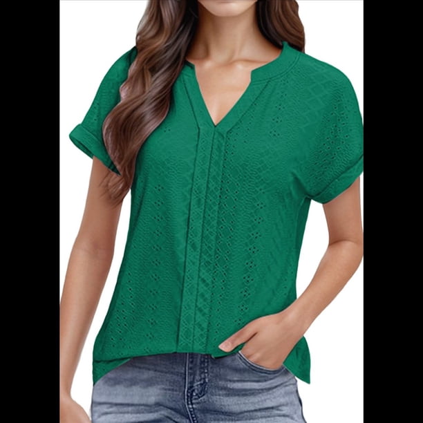 Blusas con Ojales para Mujer, Cuello en V, Corta, Bordadas, Estilo , Informal, Holgada, de Verano Verde XL