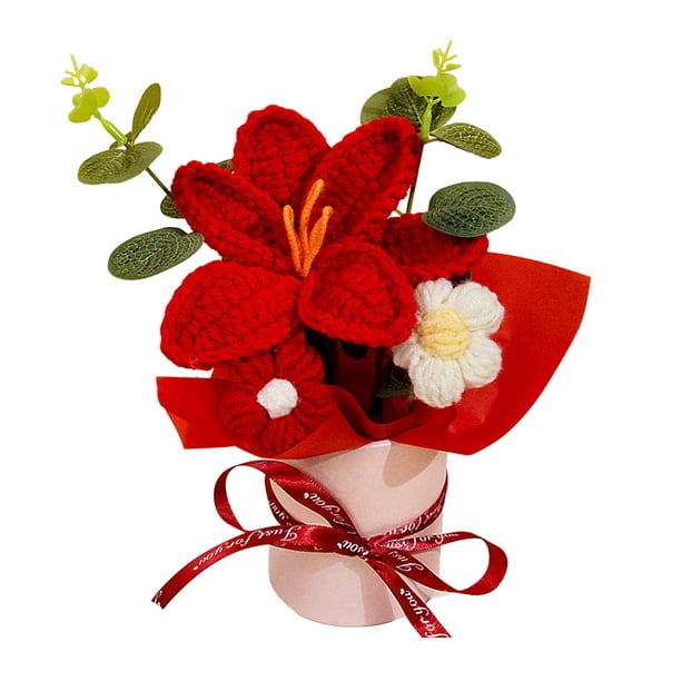 Ramo de flores de ganchillo hecho a mano, ramo de punto artificial, girasol falso, clavel, tulipán, flores de hojaldre, regalos para madre, esposa en cumpleaños, aniversario