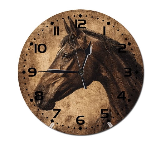 ZXCXRQFa Horse Animal Wall Clock Battery Operated Non Ticking Silent Analog Rustic Farmhouse Round Clock PVC Decor for Home Kitchen Living Room Bathroom