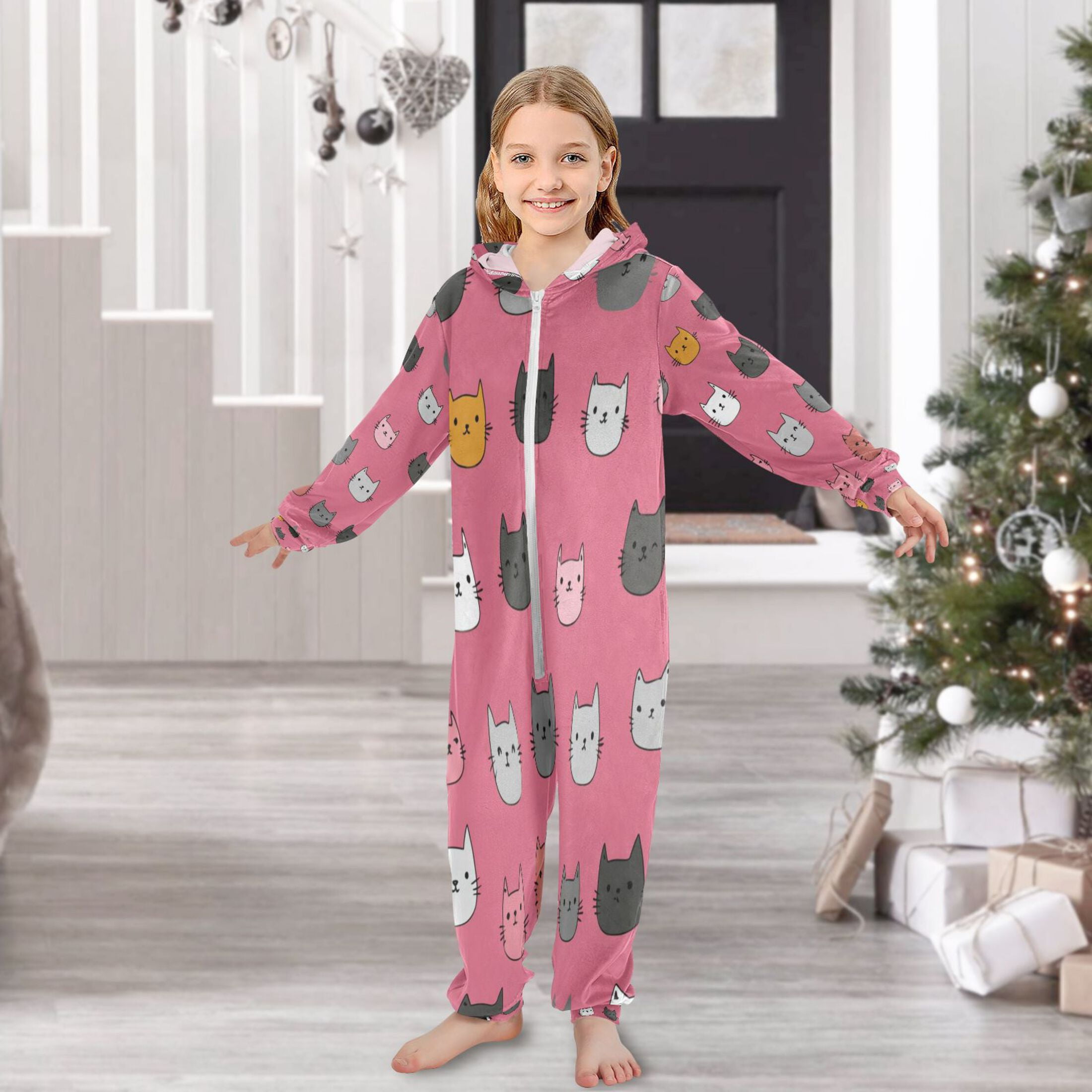 Vzayyk 4T-14Y Size Aviliable Cozy One-Piece Footless Sleeper Pajama Cartoon Kitty