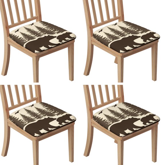 Bear Family with Forest and Birds Seat Covers for Dining Room Chairs Set Of 4,Stretch Printed Washable Chair Seat Cover with Elastic Ties and Button,Removable Waterproof Couch Cushion Covers