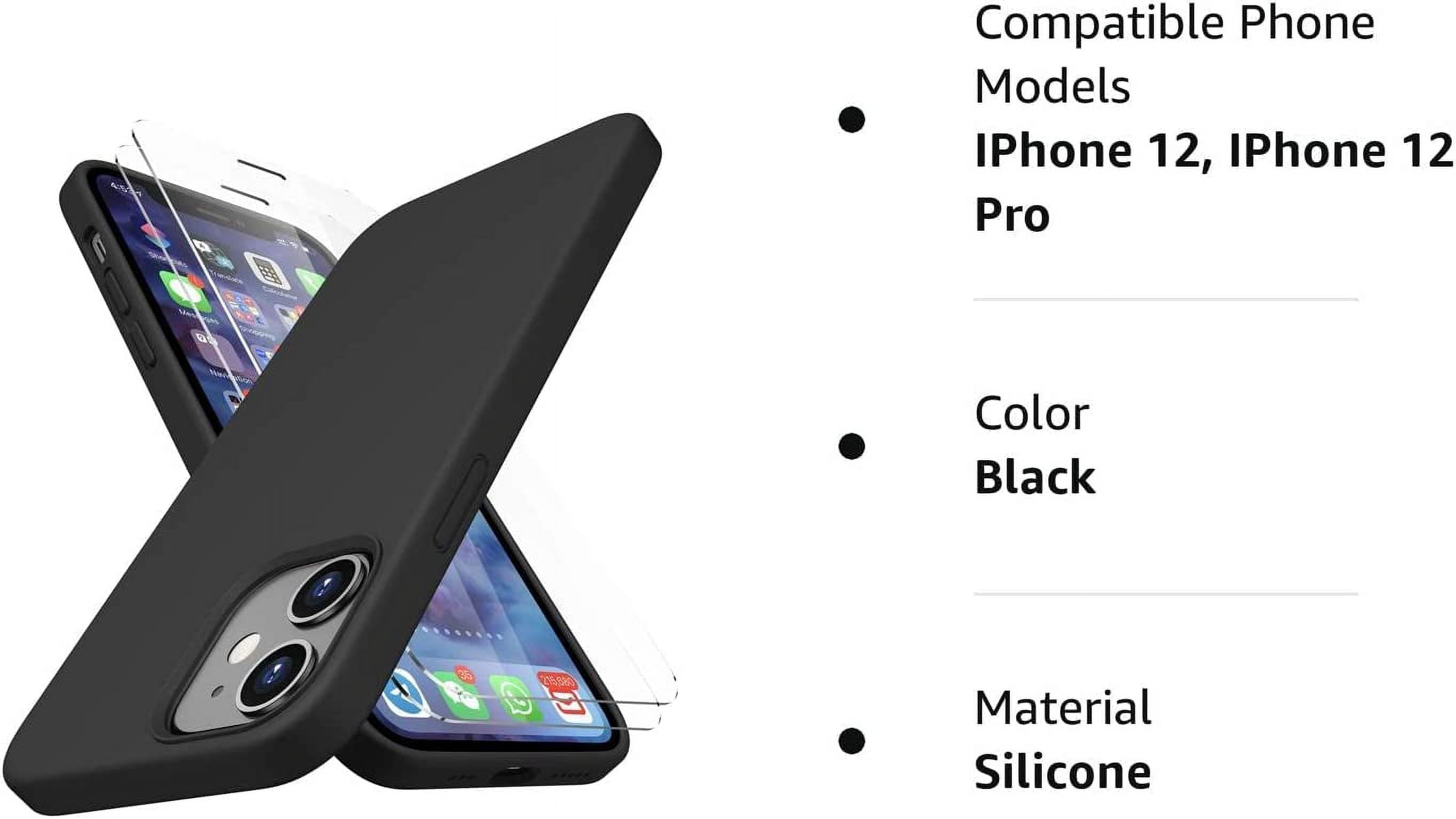 CellEver Heavy-Duty Silicone Case for iPhone 12/12 Pro - Two Shatterproof Glass Screen Protectors, Military Drop Protection, Scratch-Free Interior, Black
