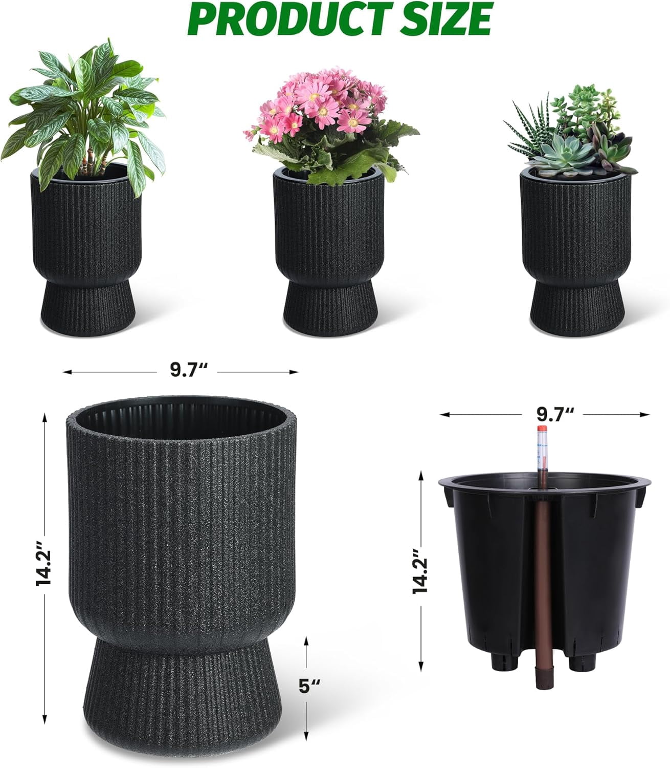 Riedhoff 14.2" Planters Pots Set of 2, with Inner Bucket & Water Level Monitor, Black