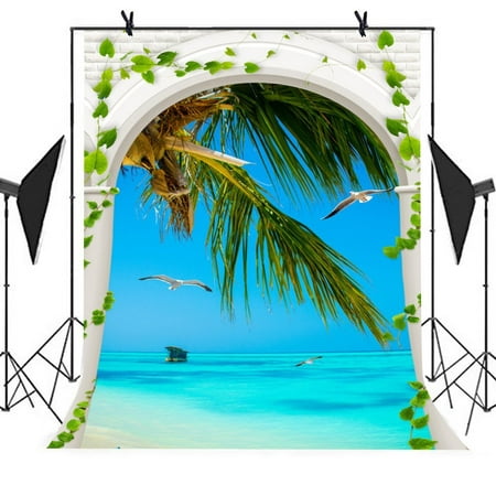 Image of MOHome 5x7ft Beach Photography Backdrop Beach Shells Seagull Coco Sea White Arch Background Wedding Photography Studio Props Party Curtain Background