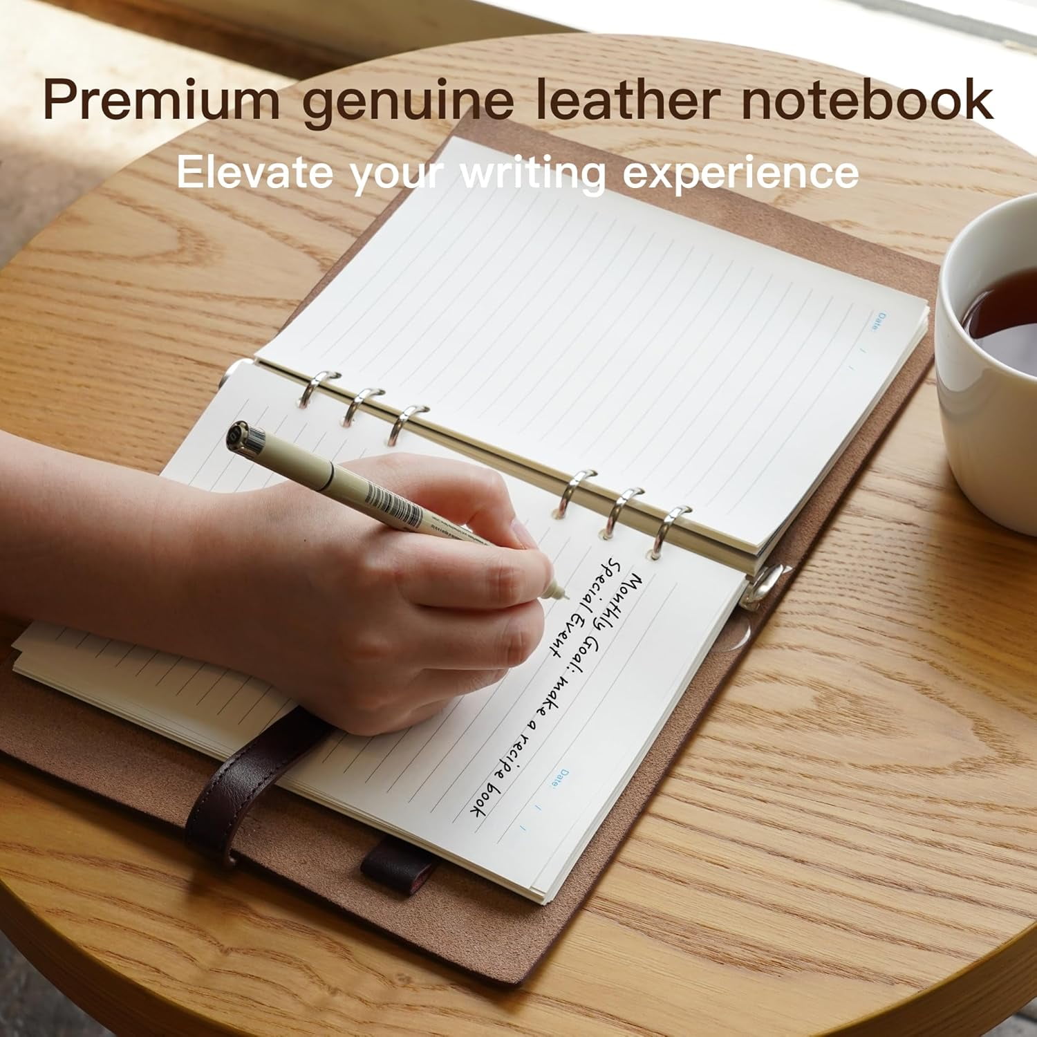 Vintage Leather A5 Binder Notebook, Refillable 6-Ring Journal with Pocket & 160 Lined Pages for Writers Office Study