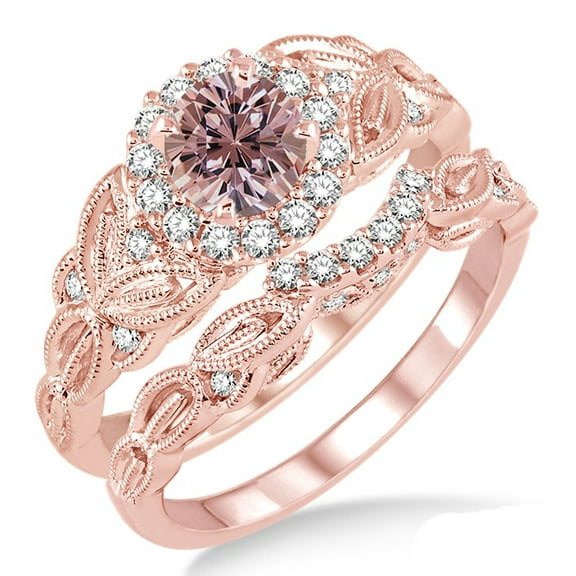 1.25 Carat Morganite & Diamond Vintage floral Bridal Set Engagement Ring on 10k Rose Gold