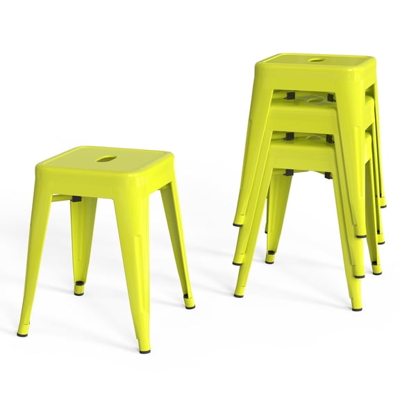 18 Inch Industrial Metal Bar Stools Set of 4, Stackable Classroom Stools, Backless Short Dining Chairs for Indoor Outdoor, Kitchen Restaurant (Mustard Green)