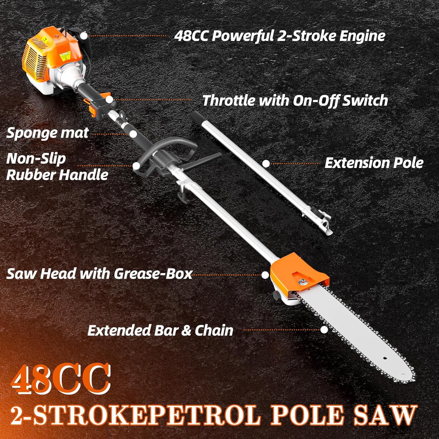 EAYSG 48cc Gas Powered Pole Saws,2-Stroke Gas Pole Saws for Tree Trimming with11.5in Cutting Bar,16 FT Extendable Pole Chainsaw Tree Trimmer