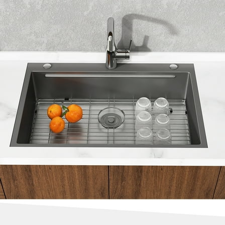 Uforic 33" Drop-In Black Stainless Steel Kitchen Sink, Single Bowl, Top Mount with Bottom Grid