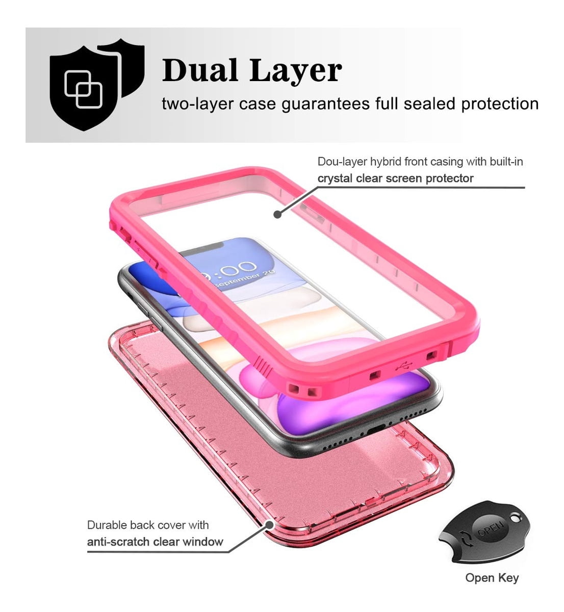 SPORTLINK Waterproof Case for iPhone 11 Shockproof Dustproof Built-in Phone Screen Protector Rugged Cover 6.1 inch - Frosted Pink