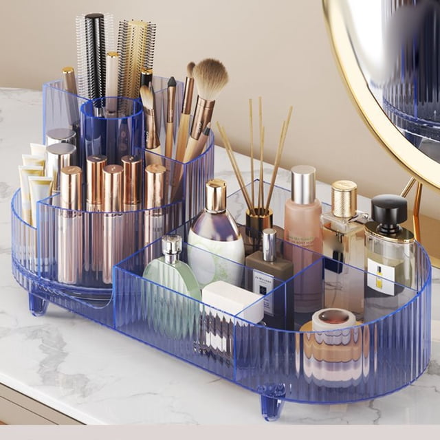 yeacher Organisateur de Maquillage Rotatif avec Design Transparent Bleu, Rangement Multi-Compartiments pour Pinceaux, Rouges à Lèvres et Accessoires, Compact 36x15x15cm