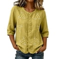 thumbnail image 2 of Qulqfy Floral Print Summer Shirts Cotton Linen Crew Neck Casual 3/4 Length Sleeve Button Down Yellow Spring Tops for Women Trendy Summer XXXL, 2 of 7