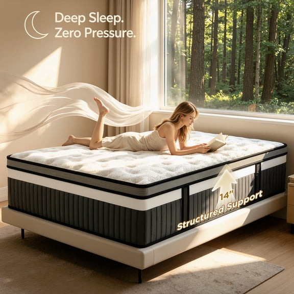 King Mattress 14 Inch, King Hybrid Mattress with Cooling Memory Foam and Individually Wrapped Pocket Coils, Medium Firm Mattress in a Box, Pressure Relief, Motion Isolation, CertiPUR-US