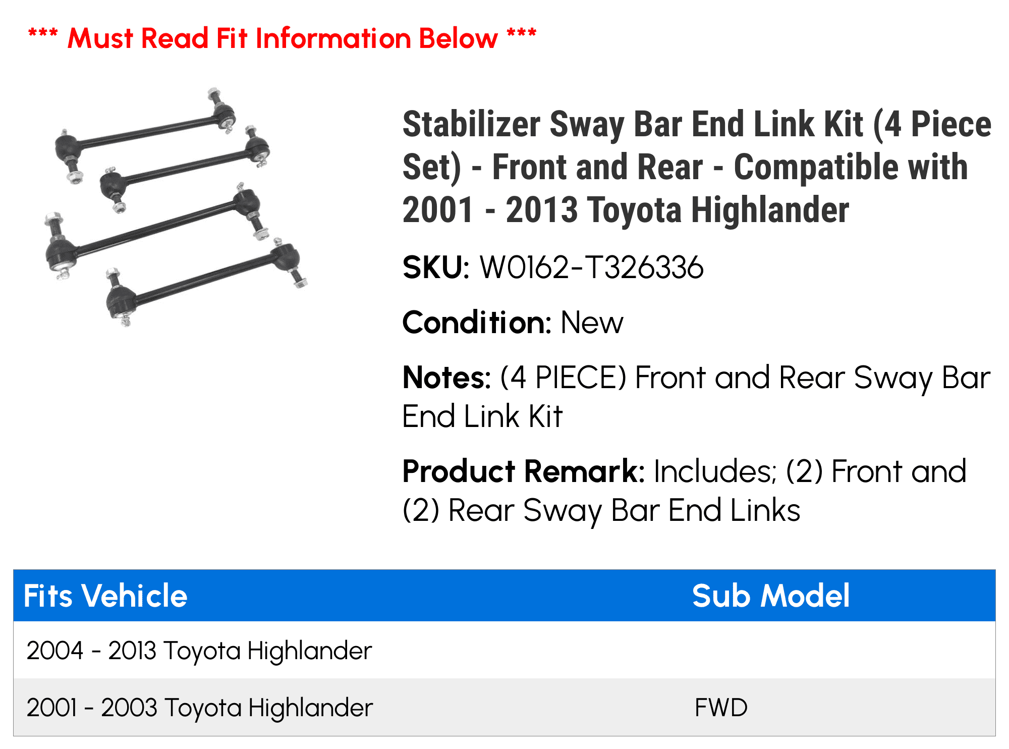 Stabilizer Sway Bar End Link Kit (4 Piece Set) - Front and Rear - Compatible with 2001 - 2013 Toyota Highlander 2002 2003 2004 2005 2006 2007 2008 2009 2010 2011 2012