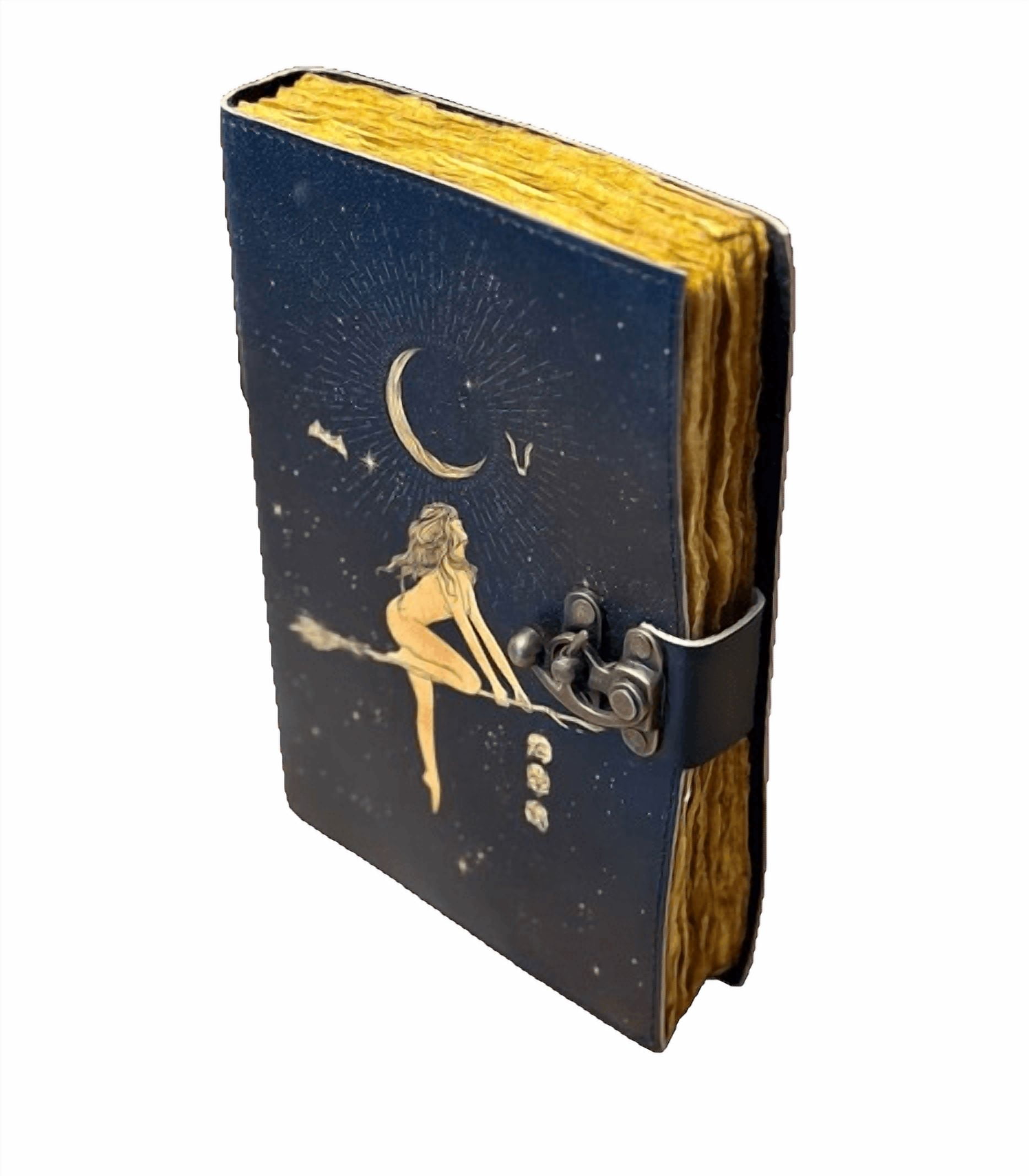 Witch-Themed Leather Journal, 5x7 Inch Notebook with Moon & Broom Design, 200 Handmade Paper Pages, Vintage Locking Diary for Writing & Sketching