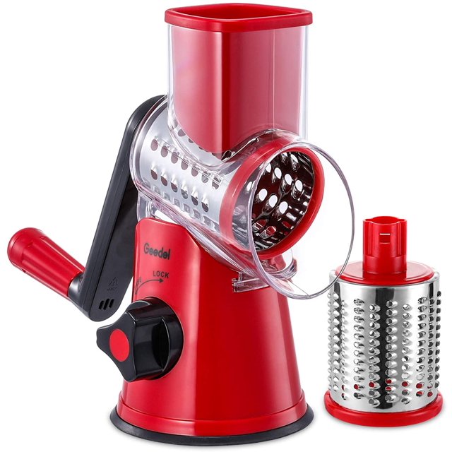 Geedel Rallador de queso giratorio, mandolina de cocina, cortador de verduras con 3 cuchillas intercambiables, rallador fácil de limpiar para frutas, verduras, nueces