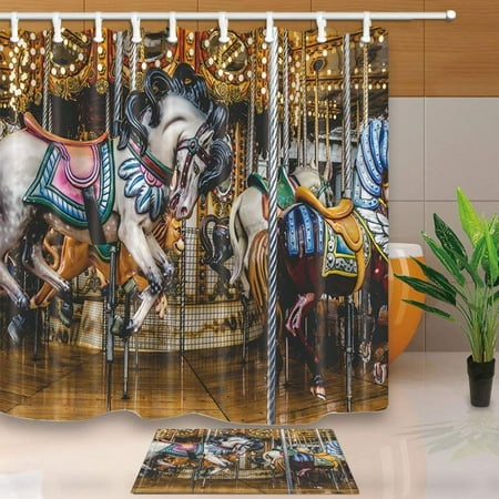 WOPOP Horse Decor Carousel for Kids Shower Curtain 66x72 inches with Floor Doormat Bath Rugs 15.7x23.6