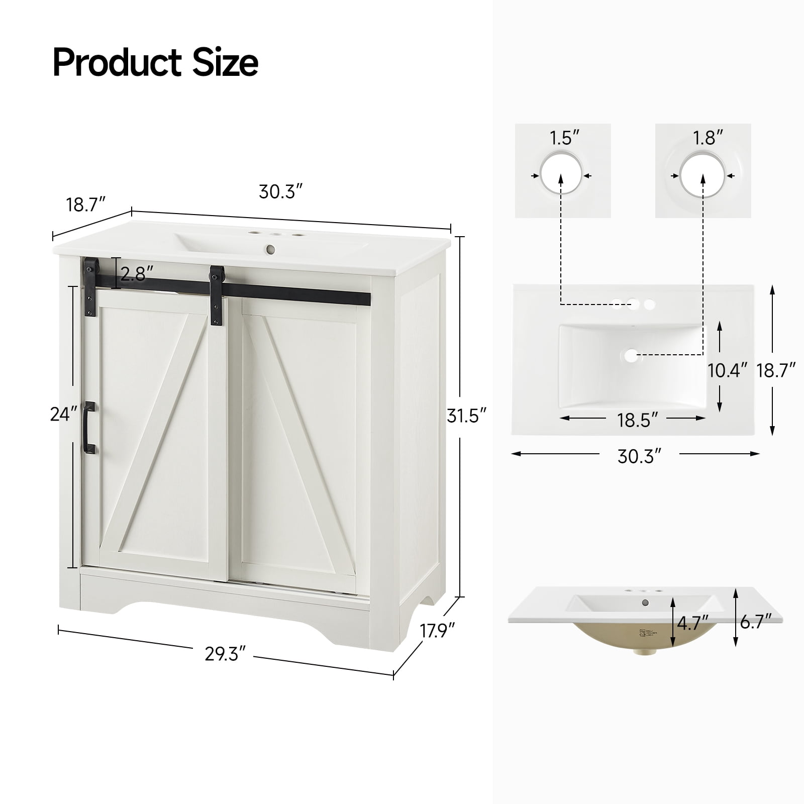 30 Inch Bathroom Vanity with Sink Combo, Farmhouse Bathroom Vanities with Sliding Barn Door & Metal Handle, Freestanding Single Sink Cabinet with Adjustable Shelve & Thicken Frame (White)