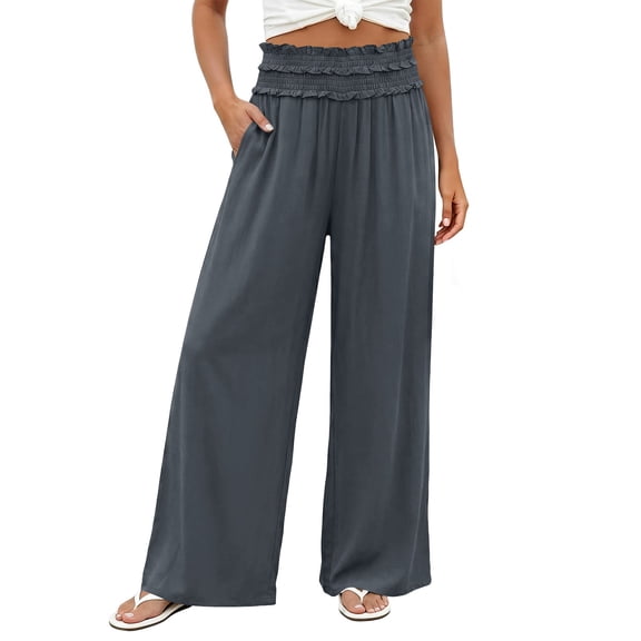 Guluxicc Linen Pants for Women Casual Loose Straight Leg Trousers with Elastic High Waist Wide Leg Bottoms with Pockets