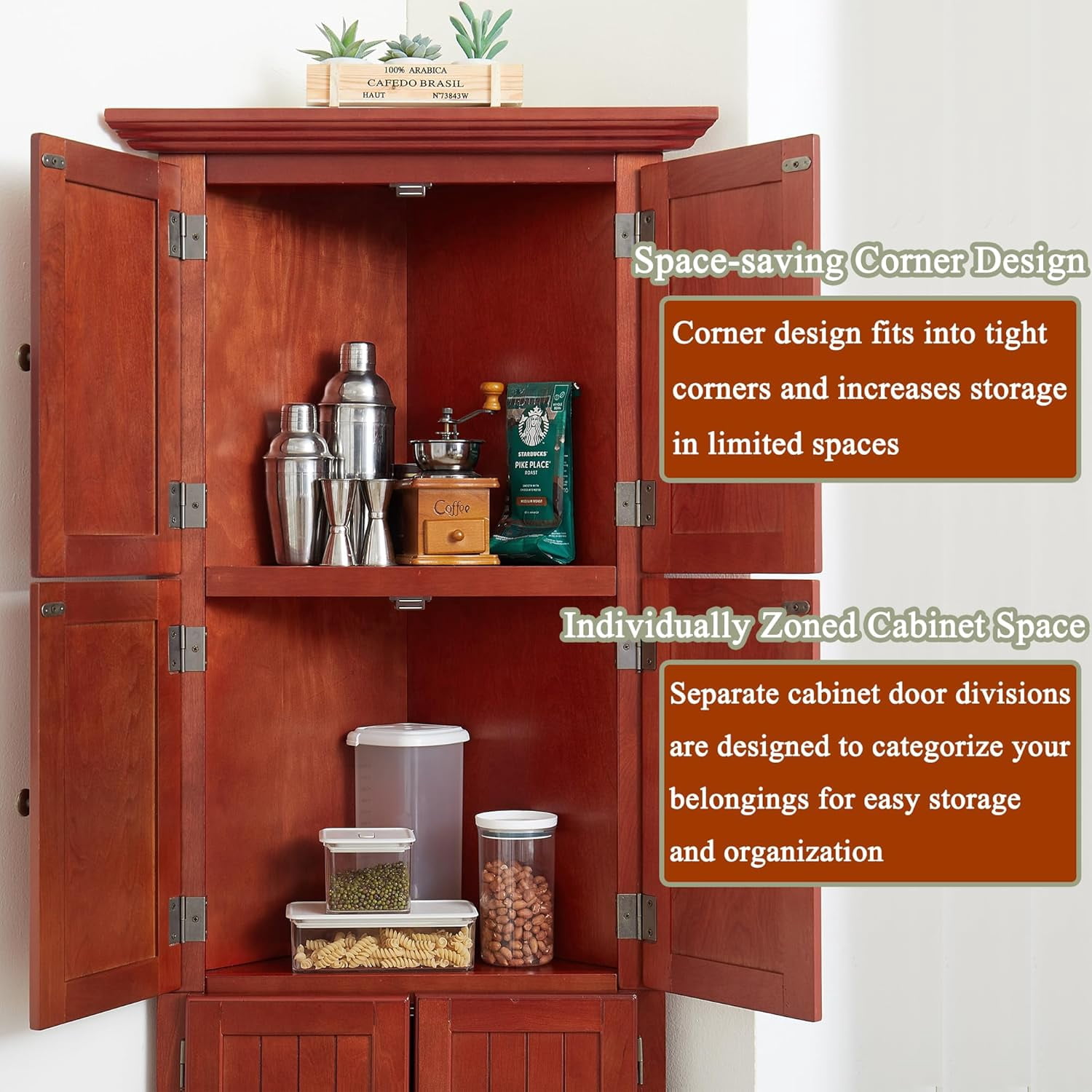 72" H Farmhouse Corner Storage Cabinet with 8 Doors & 4 Shelves, 4 Tier Kitchen Corner Pantry Cabinet Wooden Organizer Case Bookshelf, Home Space Saver Cabinet for Kitchen,Living Room(Cherry)