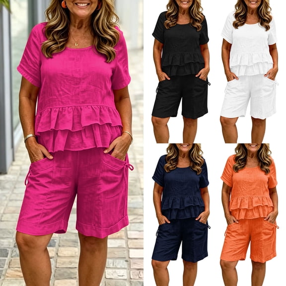 Womens Linen Two Piece Sets Ruffle Short Sleeve Blouse and Drawstring Pocket Shorts Casual Summer Outfits for Women Hot Pink XL(XL)