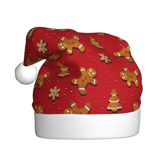 Kowoue Gingerbread Man Pattern Santa Hat Christmas Hats for Adults, Holiday Unisex Velvet Comfort Xmas Hat for Women Men