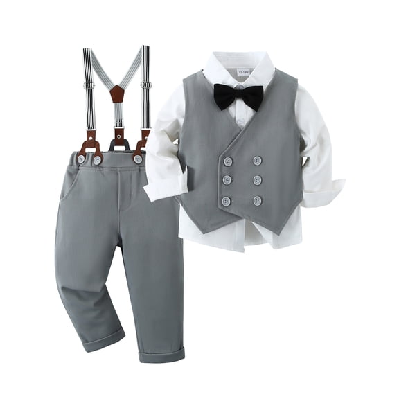 CARETOO Boy Clothes Suits Formal Dress Shirt Bowtie Vest Suspender Pants Big Kid 4Pcs Outfits 6-10T