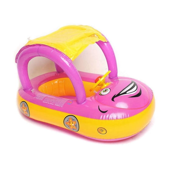 Baby Pool Float with Canopy Summer Steering Wheel Sunshade Swim Ring Car Inflatable Toys Infants Float Seat Boat for Kids Toddlers