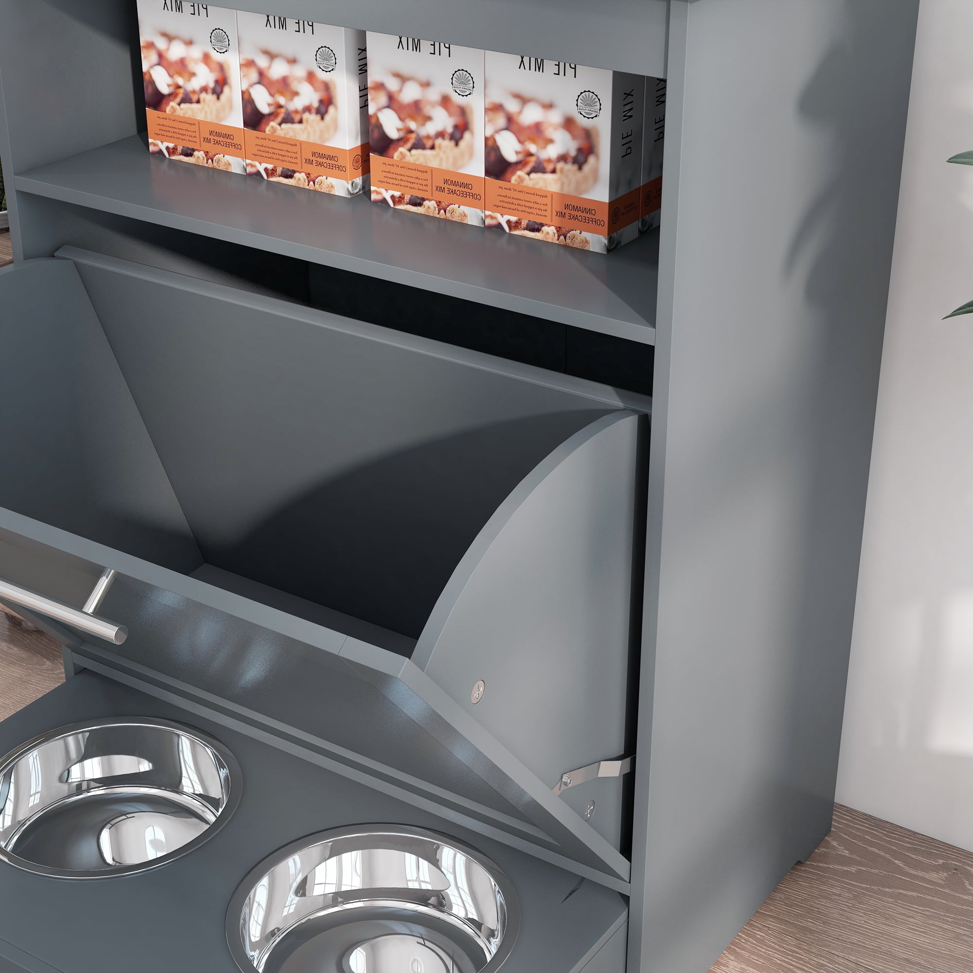 Dog Bed PawHut Pet Feeder Station, Storage Cabinet Dog Food Storage Container with Raised Dog Bowls and Hanger for Feeding & Watering Supplies, Gray,Large Dog Bed
