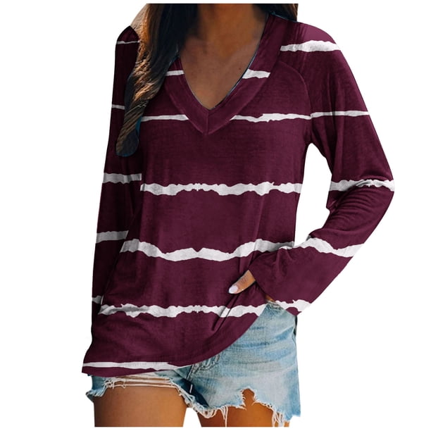 KIHOUT - Blusas casuales para mujer, liquidación 2024, moda clásica, estampado de rayas, cuello en V, blusas básicas holgadas, camisetas tipo jersey, camisetas tipo túnica de manga larga