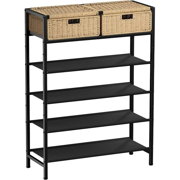 Shoe Rack, 5 Tier Shoe Storage Organizer with 2 Hand Woven Drawers, Metal Shoe Shelf for 16-20 Pairs of Shoes, with 4 Fabric Shelves and Woven Top, Shoe Stand for Closet Entryway, Rustic Oak