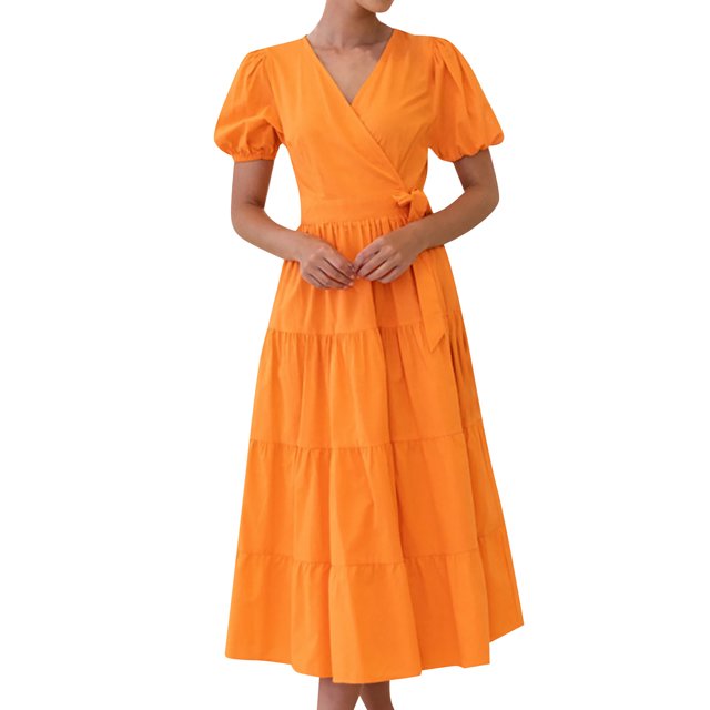 Gibobby Vestido largo para mujer, de verano Vestido largo de playa de manga corta con cuello en V informal de color liso para mujer(Naranja,G)
